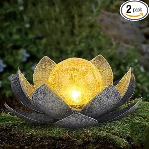 4. Garden Solar Light Outdoor (2 Pack), Crackle Globe Glass Lotus Decoration