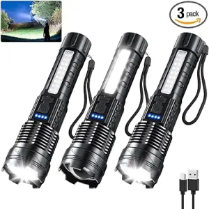 3-Pack Rechargeable Tactical Flashlights: 900K Lumens, 7 Modes, Powerful LED - Home, Emergencies, Camping